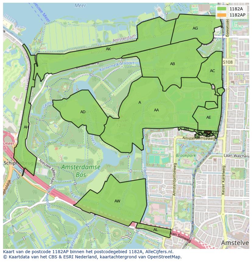 Afbeelding van het postcodegebied 1182 AP op de kaart.