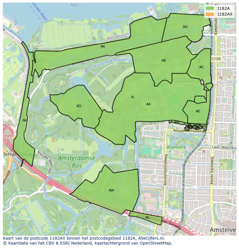 Afbeelding van het postcodegebied 1182 AX op de kaart.