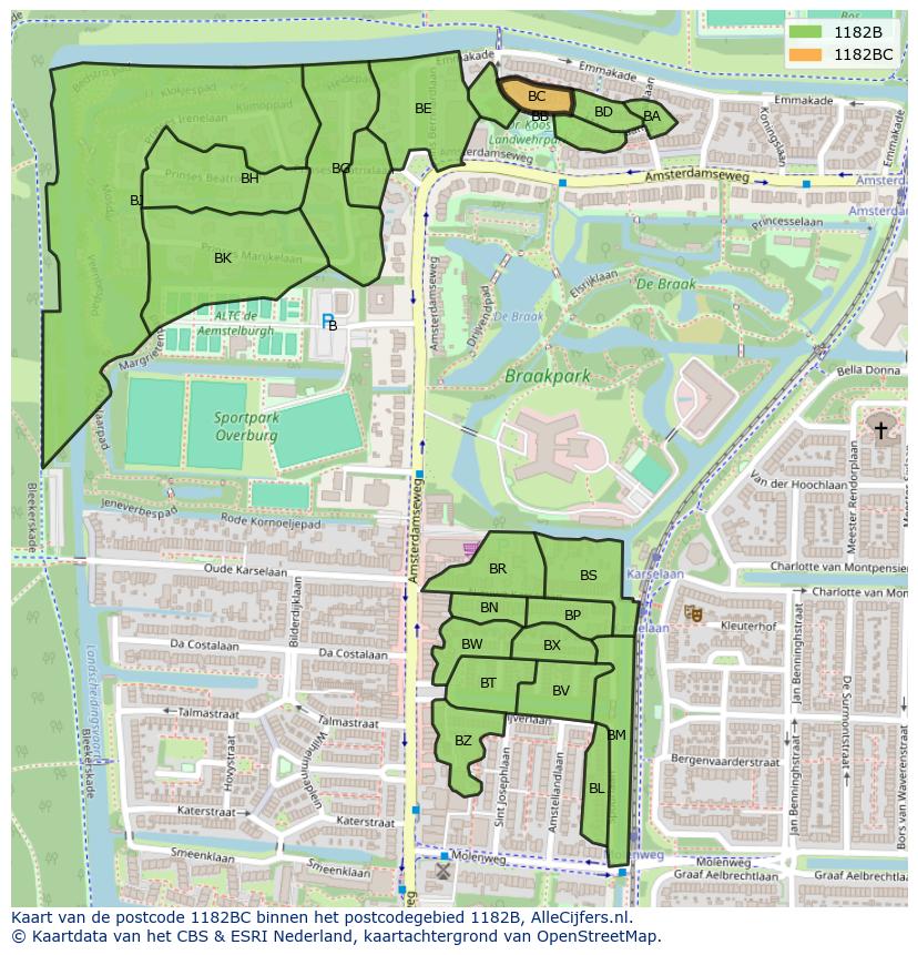 Afbeelding van het postcodegebied 1182 BC op de kaart.
