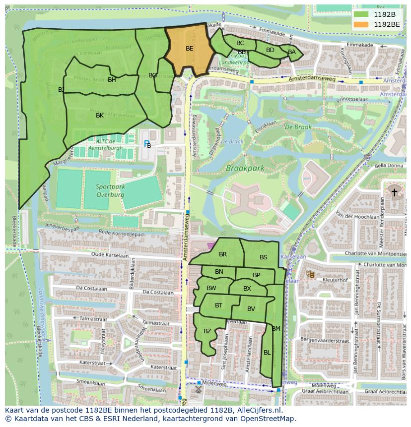 Afbeelding van het postcodegebied 1182 BE op de kaart.