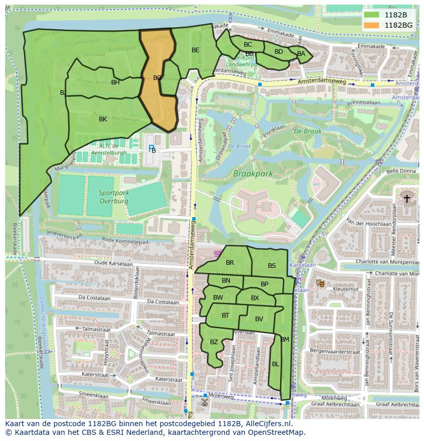 Afbeelding van het postcodegebied 1182 BG op de kaart.