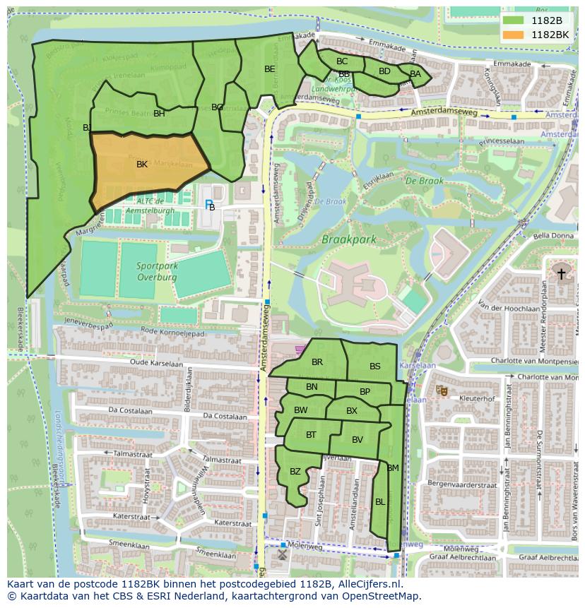 Afbeelding van het postcodegebied 1182 BK op de kaart.