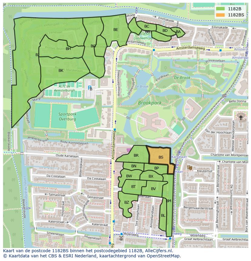 Afbeelding van het postcodegebied 1182 BS op de kaart.
