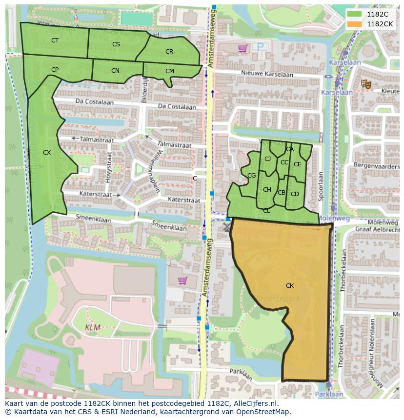 Afbeelding van het postcodegebied 1182 CK op de kaart.