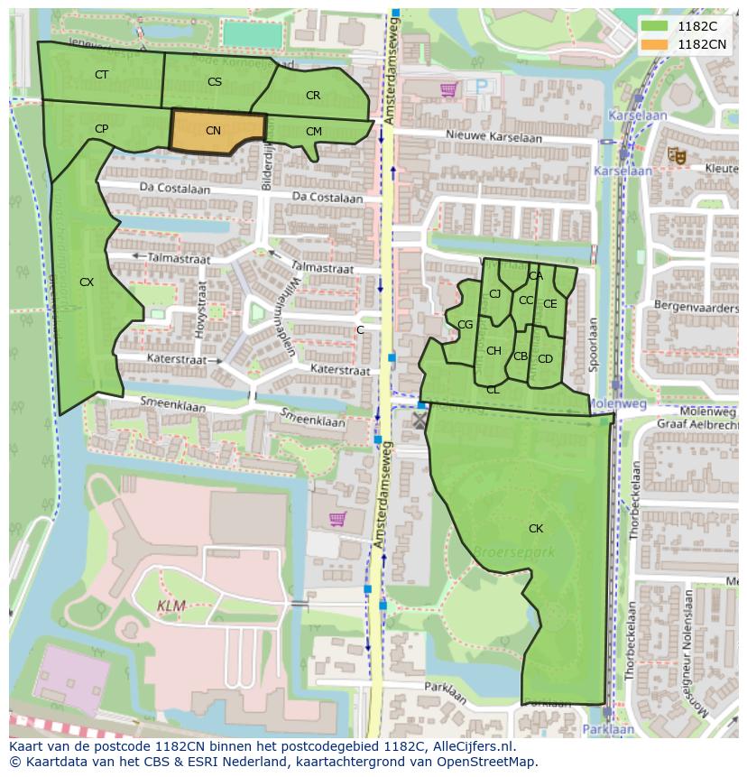 Afbeelding van het postcodegebied 1182 CN op de kaart.