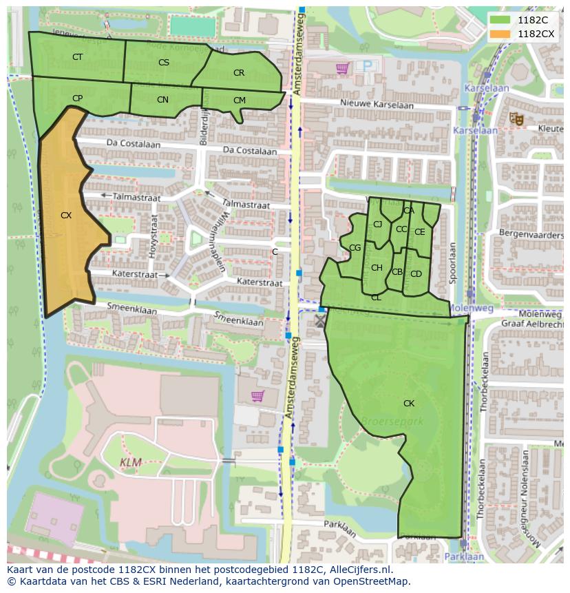 Afbeelding van het postcodegebied 1182 CX op de kaart.