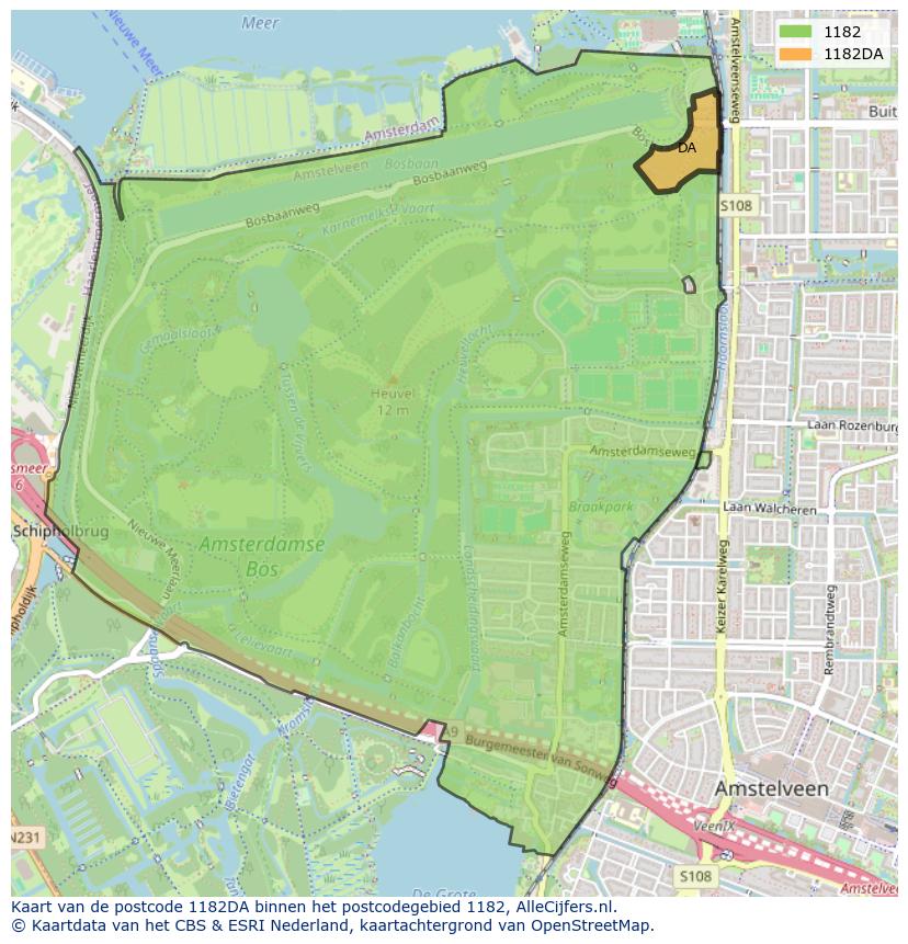 Afbeelding van het postcodegebied 1182 DA op de kaart.