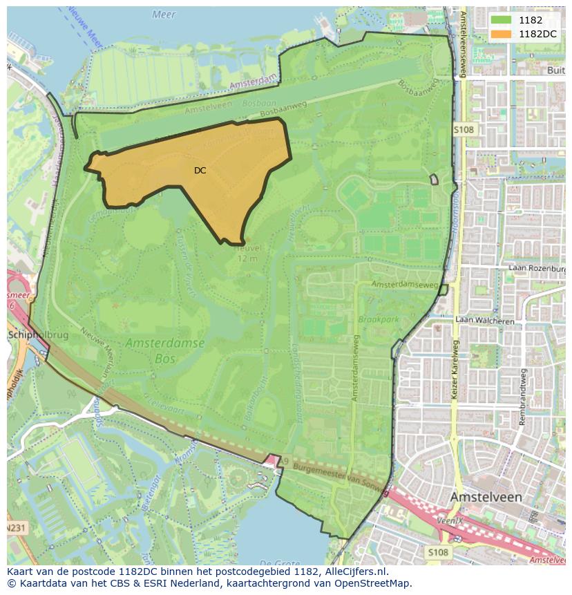 Afbeelding van het postcodegebied 1182 DC op de kaart.