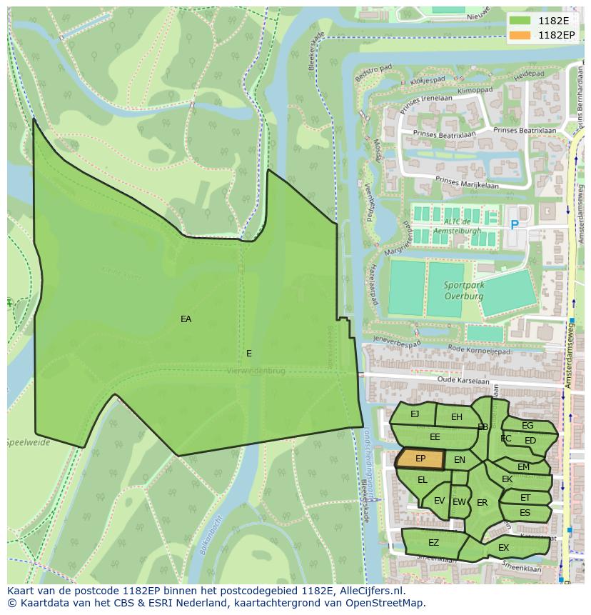 Afbeelding van het postcodegebied 1182 EP op de kaart.