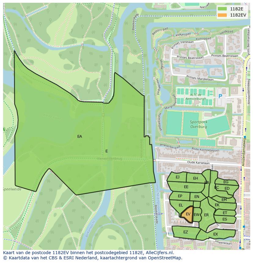 Afbeelding van het postcodegebied 1182 EV op de kaart.