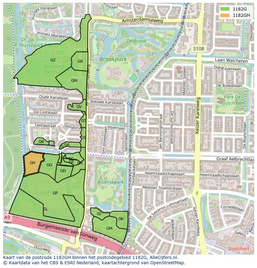 Afbeelding van het postcodegebied 1182 GH op de kaart.