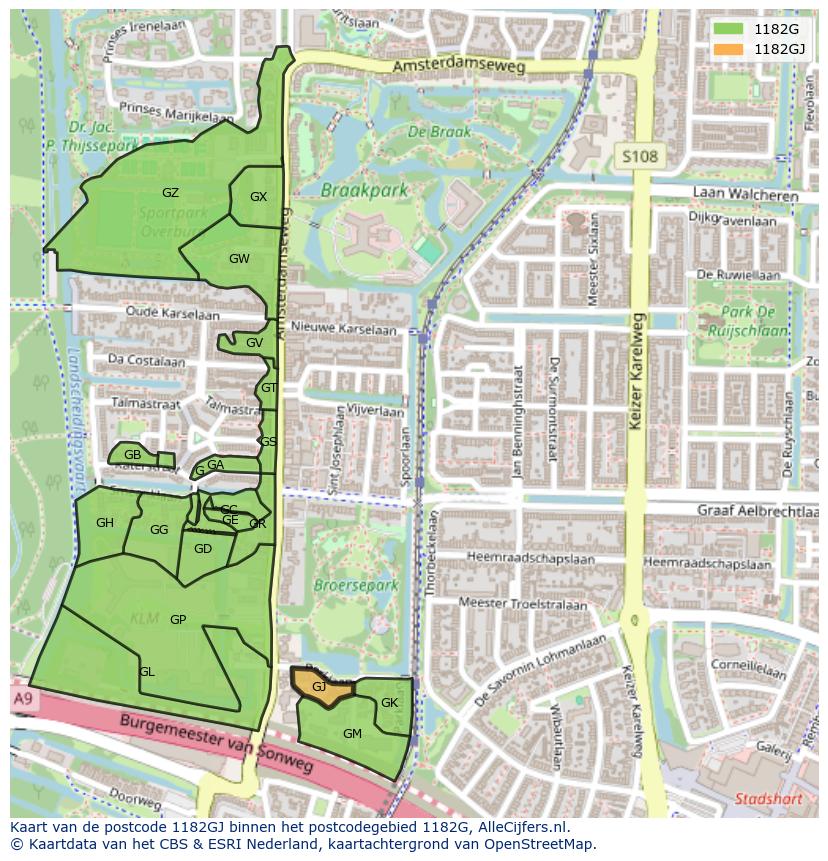 Afbeelding van het postcodegebied 1182 GJ op de kaart.