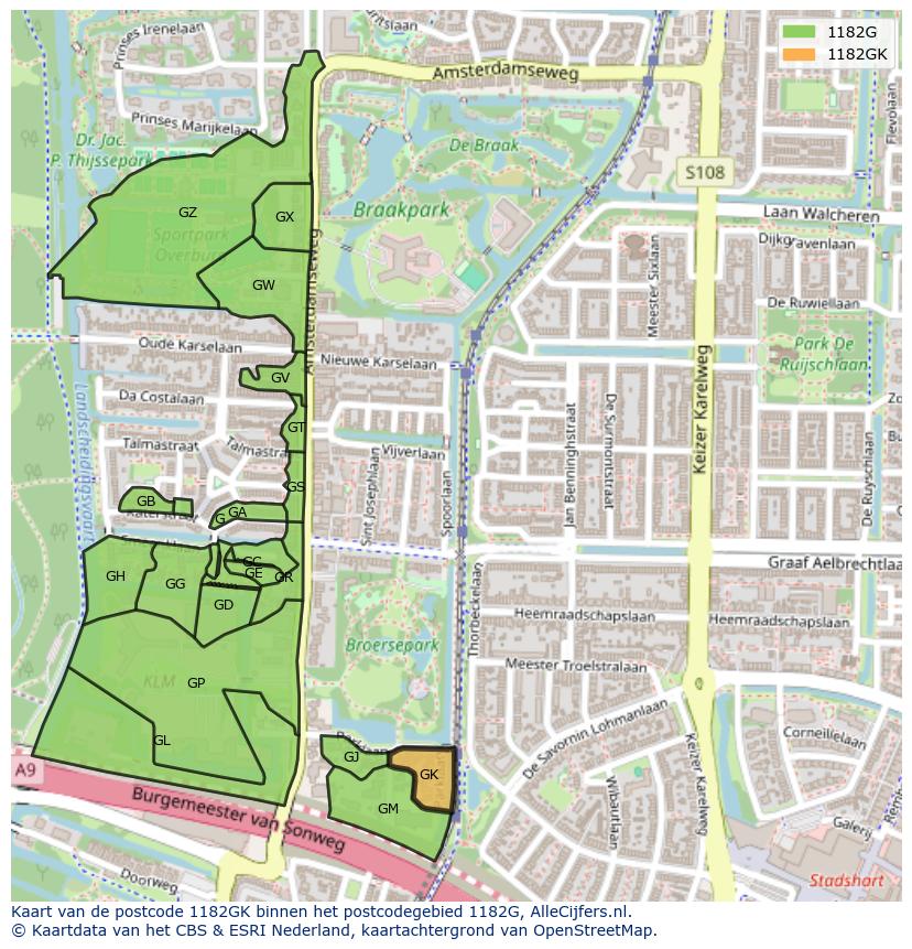 Afbeelding van het postcodegebied 1182 GK op de kaart.