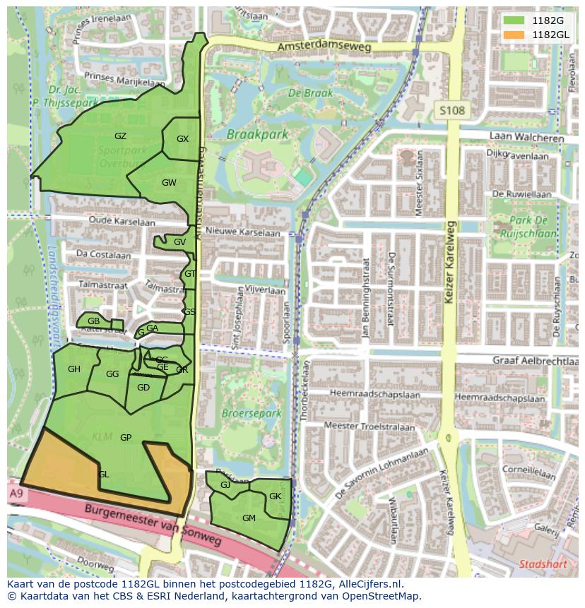 Afbeelding van het postcodegebied 1182 GL op de kaart.