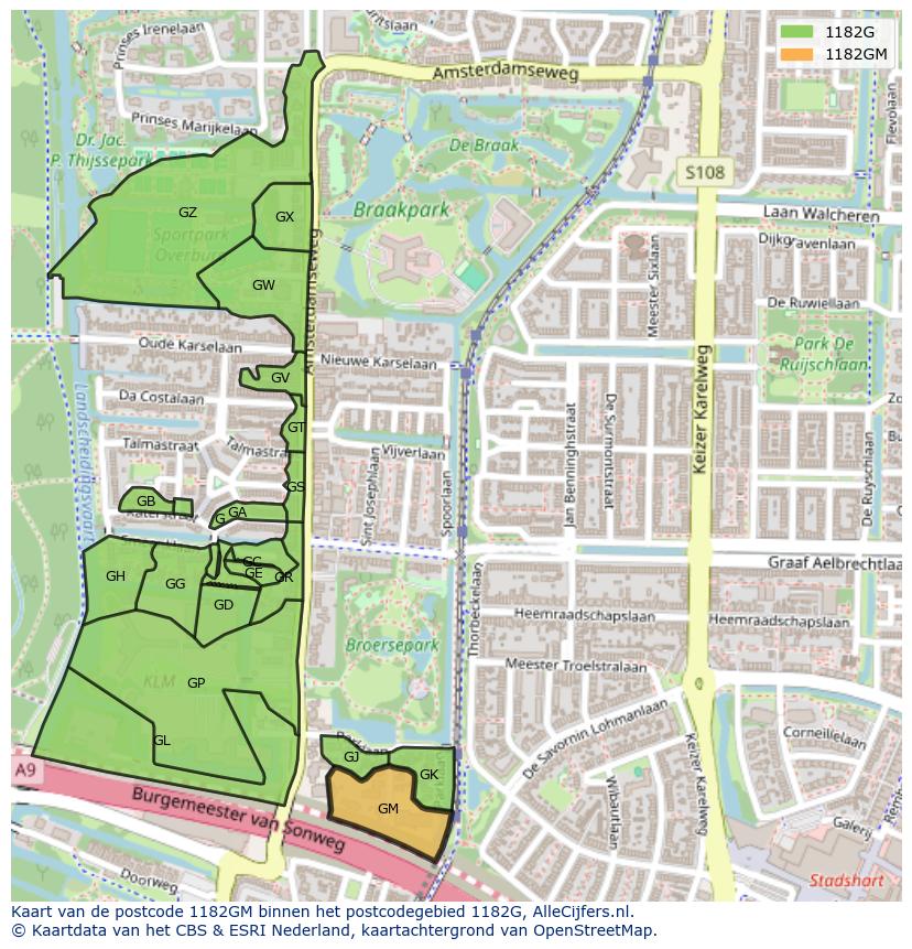 Afbeelding van het postcodegebied 1182 GM op de kaart.