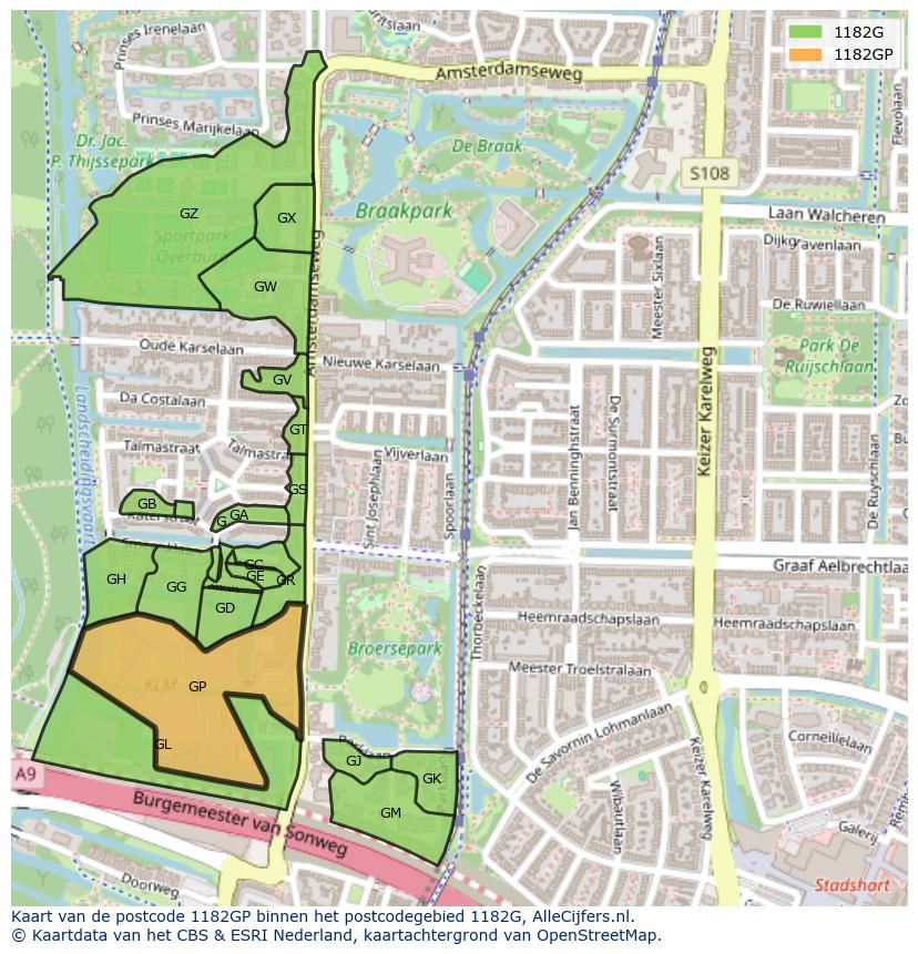 Afbeelding van het postcodegebied 1182 GP op de kaart.