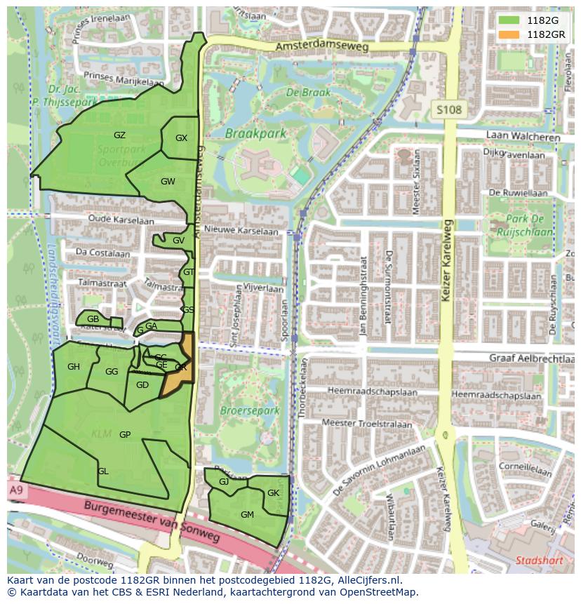 Afbeelding van het postcodegebied 1182 GR op de kaart.