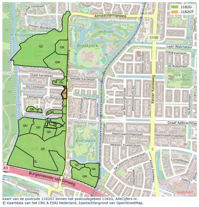 Afbeelding van het postcodegebied 1182 GT op de kaart.