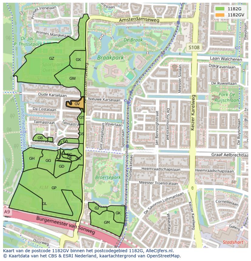 Afbeelding van het postcodegebied 1182 GV op de kaart.