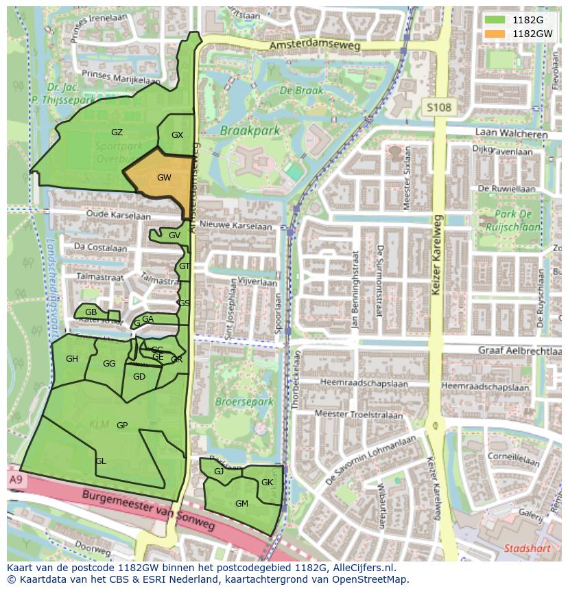 Afbeelding van het postcodegebied 1182 GW op de kaart.