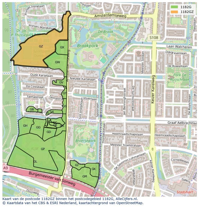 Afbeelding van het postcodegebied 1182 GZ op de kaart.