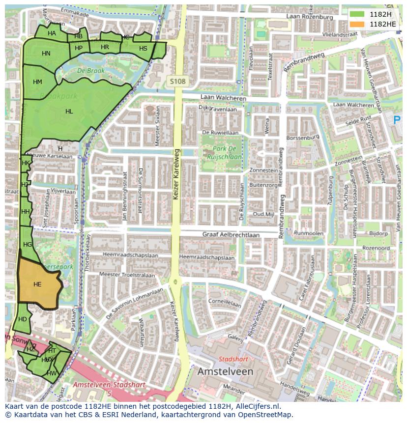Afbeelding van het postcodegebied 1182 HE op de kaart.