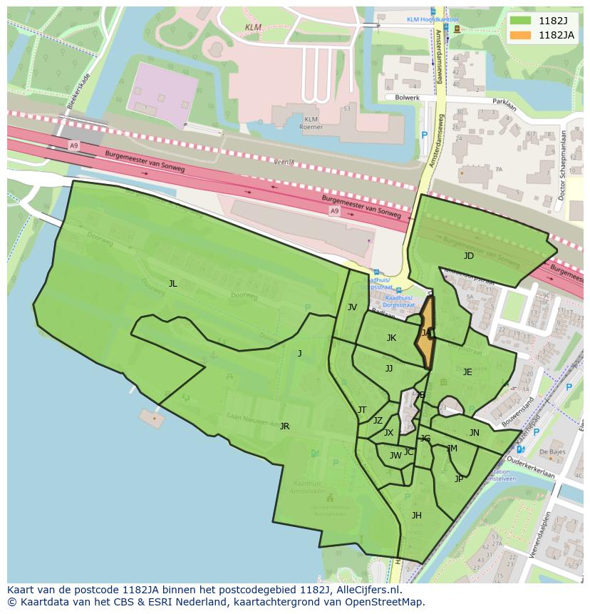 Afbeelding van het postcodegebied 1182 JA op de kaart.