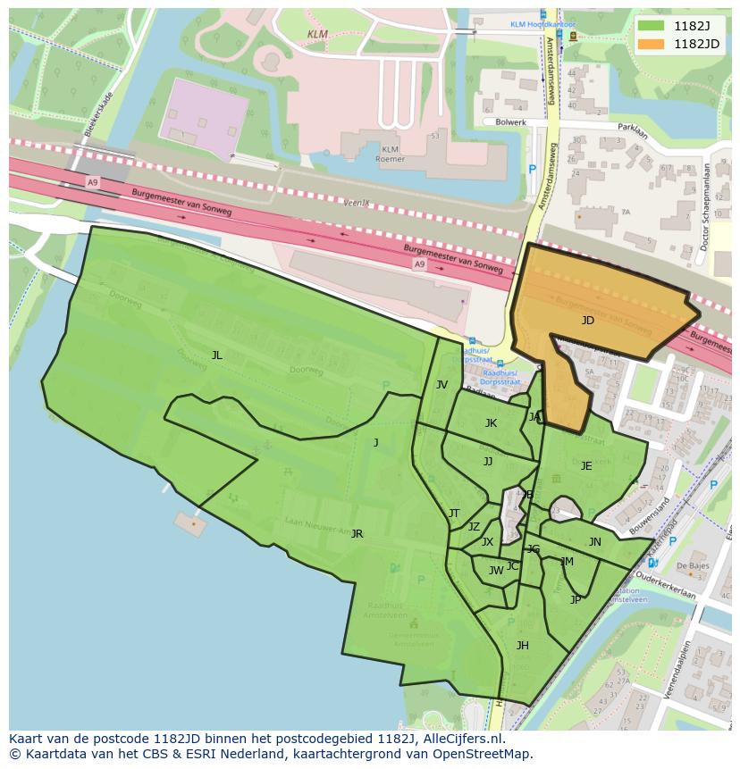 Afbeelding van het postcodegebied 1182 JD op de kaart.