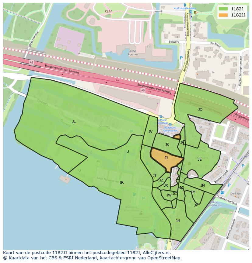 Afbeelding van het postcodegebied 1182 JJ op de kaart.