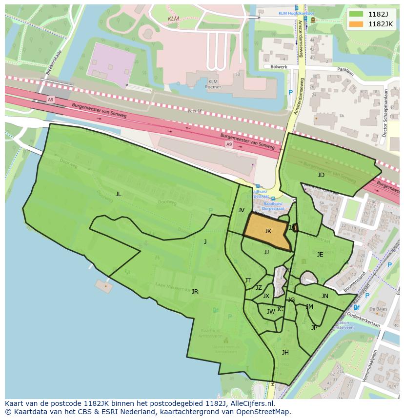 Afbeelding van het postcodegebied 1182 JK op de kaart.
