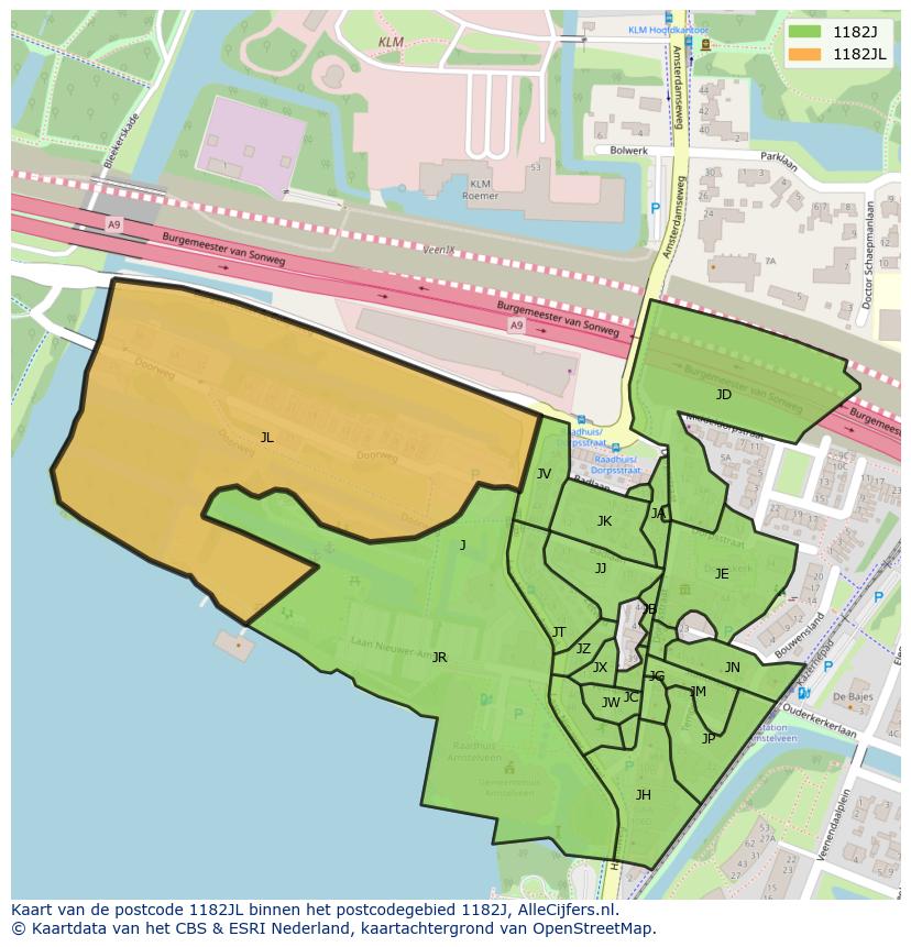 Afbeelding van het postcodegebied 1182 JL op de kaart.