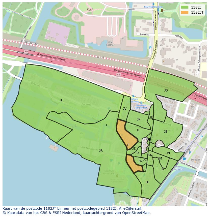 Afbeelding van het postcodegebied 1182 JT op de kaart.