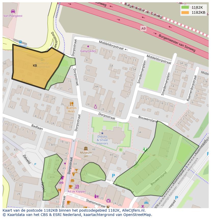 Afbeelding van het postcodegebied 1182 KB op de kaart.