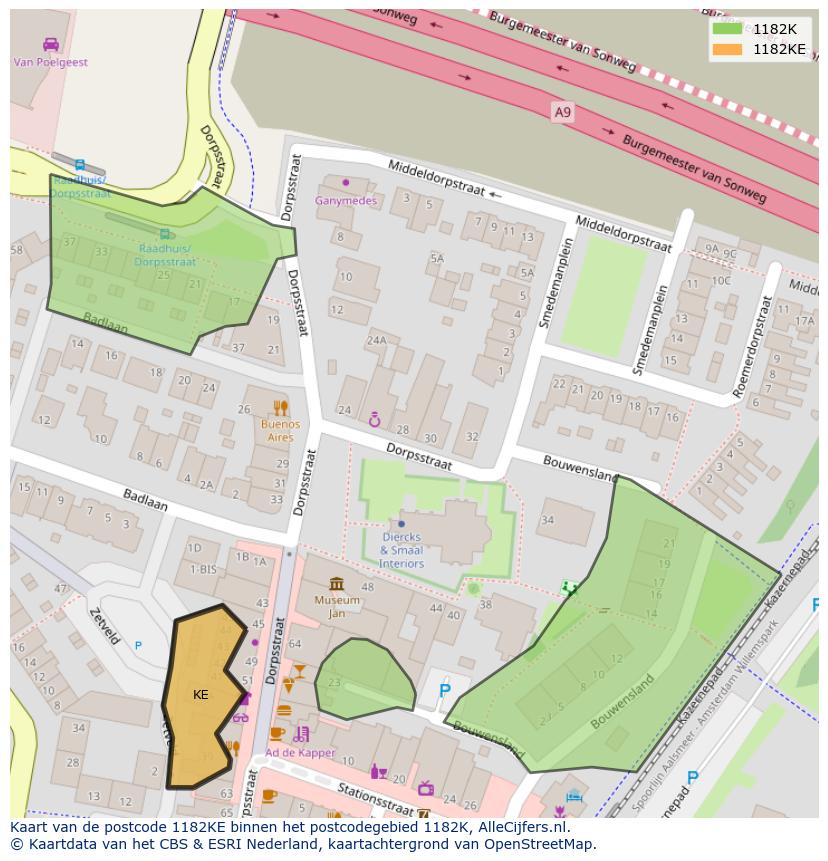 Afbeelding van het postcodegebied 1182 KE op de kaart.