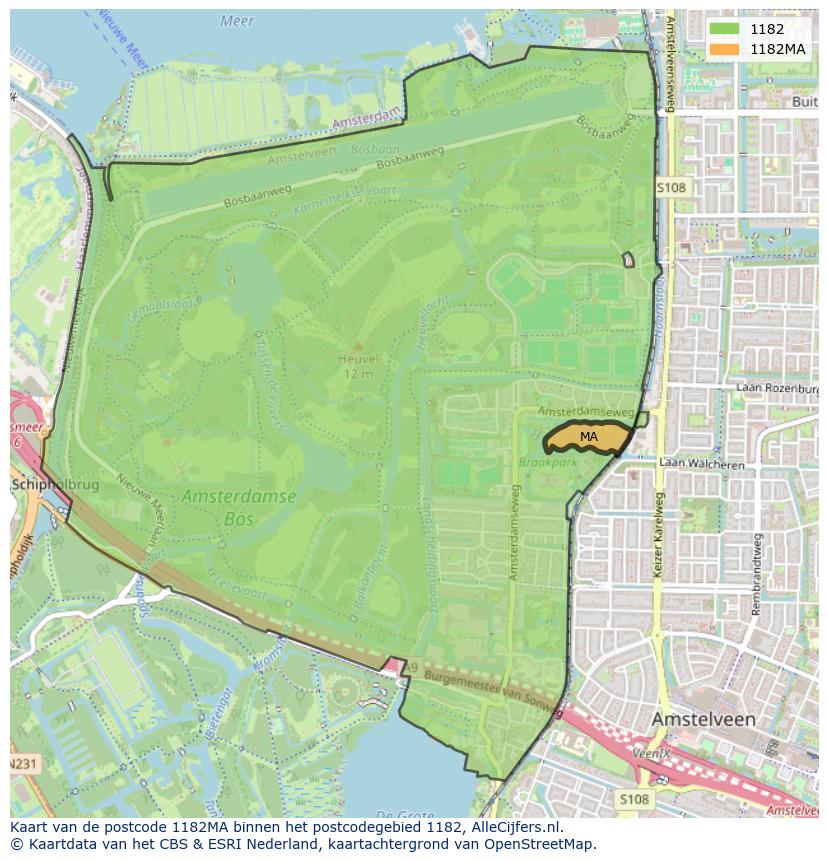 Afbeelding van het postcodegebied 1182 MA op de kaart.