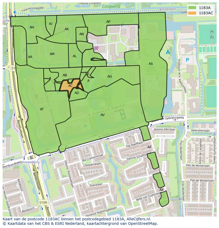 Afbeelding van het postcodegebied 1183 AC op de kaart.