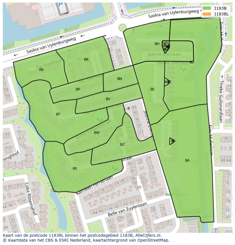Afbeelding van het postcodegebied 1183 BL op de kaart.