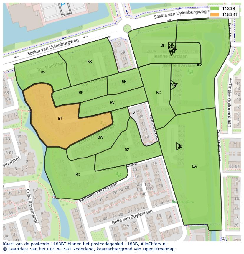 Afbeelding van het postcodegebied 1183 BT op de kaart.