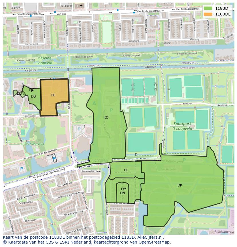 Afbeelding van het postcodegebied 1183 DE op de kaart.