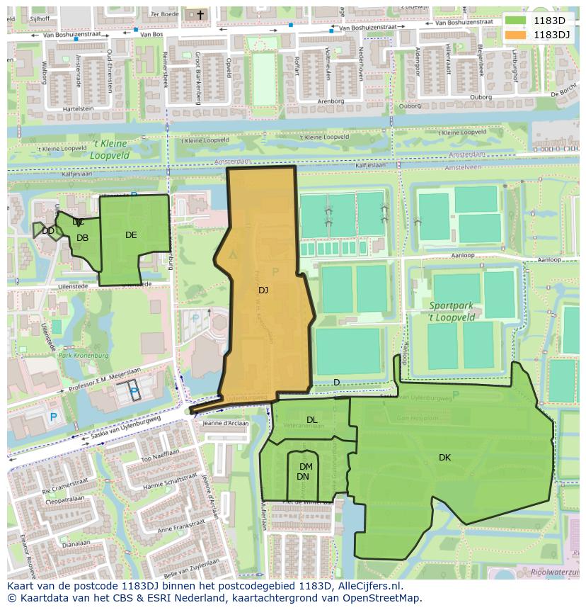Afbeelding van het postcodegebied 1183 DJ op de kaart.