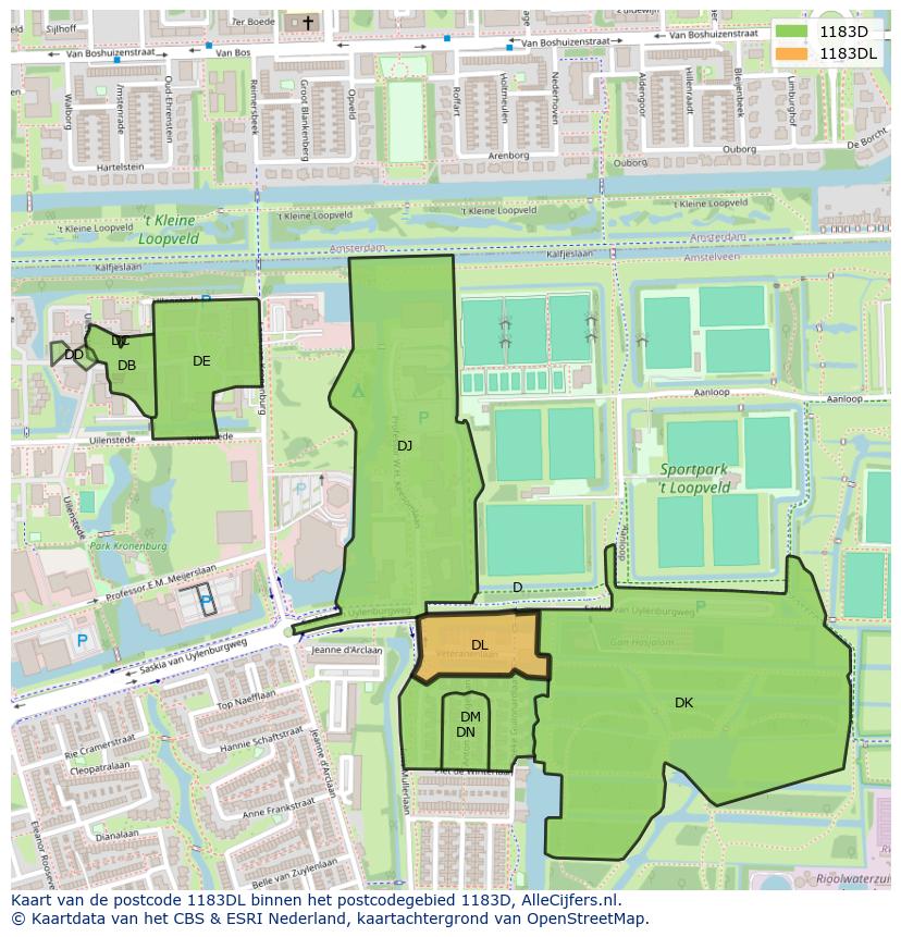 Afbeelding van het postcodegebied 1183 DL op de kaart.