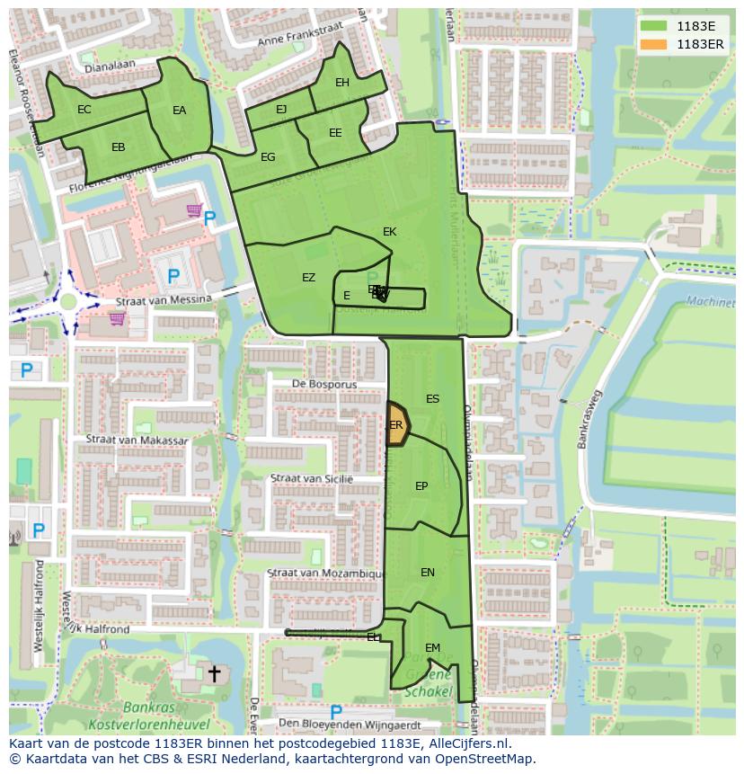 Afbeelding van het postcodegebied 1183 ER op de kaart.