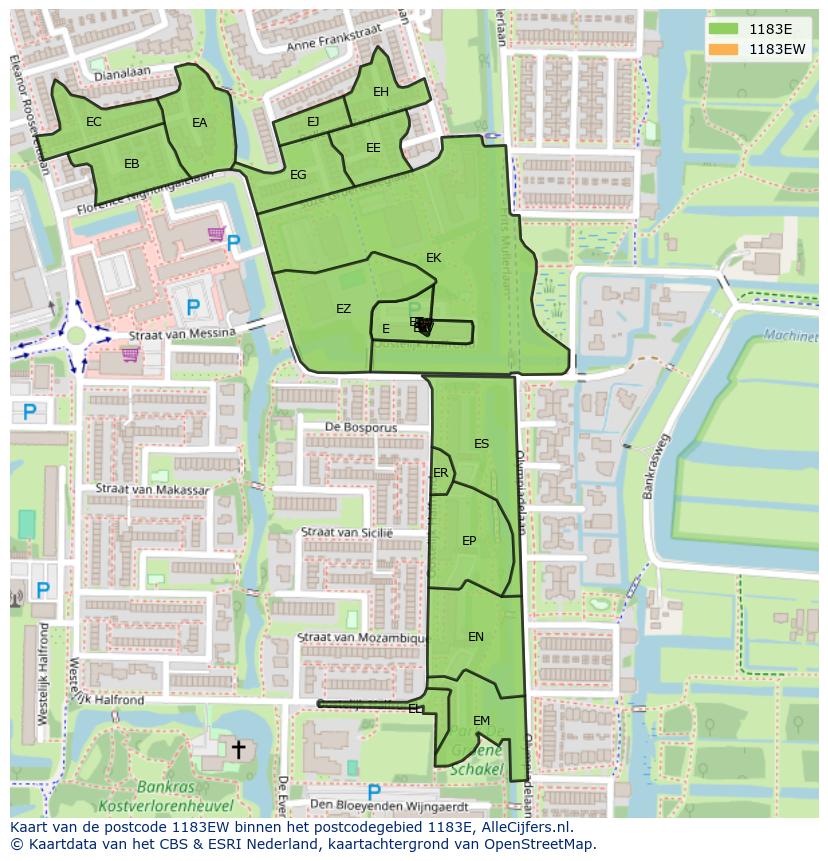 Afbeelding van het postcodegebied 1183 EW op de kaart.