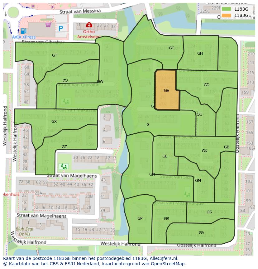Afbeelding van het postcodegebied 1183 GE op de kaart.