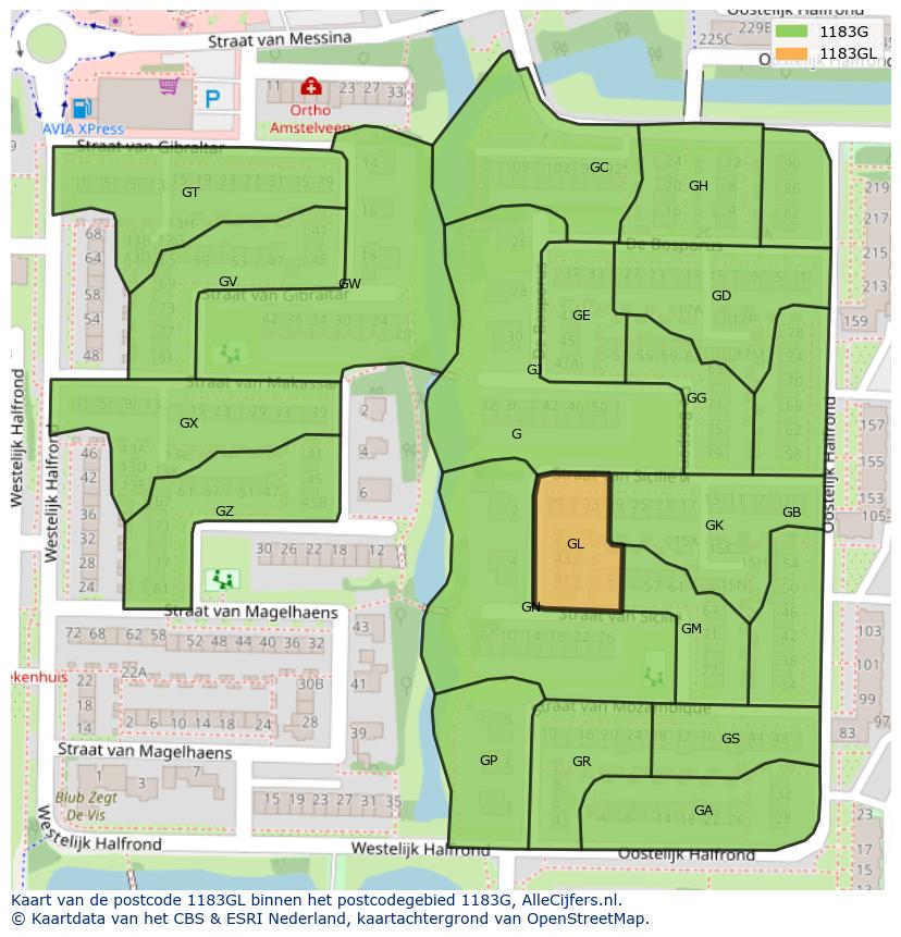 Afbeelding van het postcodegebied 1183 GL op de kaart.