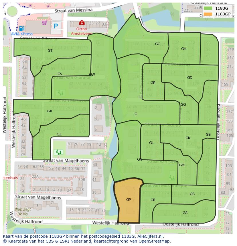 Afbeelding van het postcodegebied 1183 GP op de kaart.