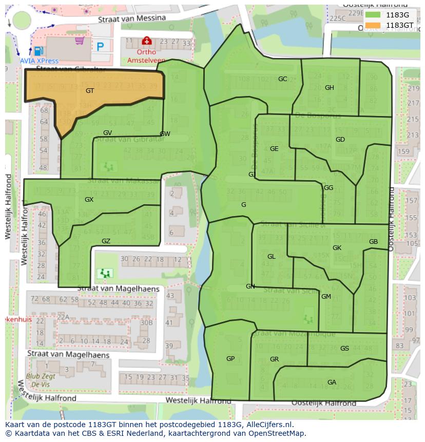 Afbeelding van het postcodegebied 1183 GT op de kaart.