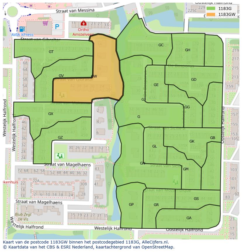 Afbeelding van het postcodegebied 1183 GW op de kaart.