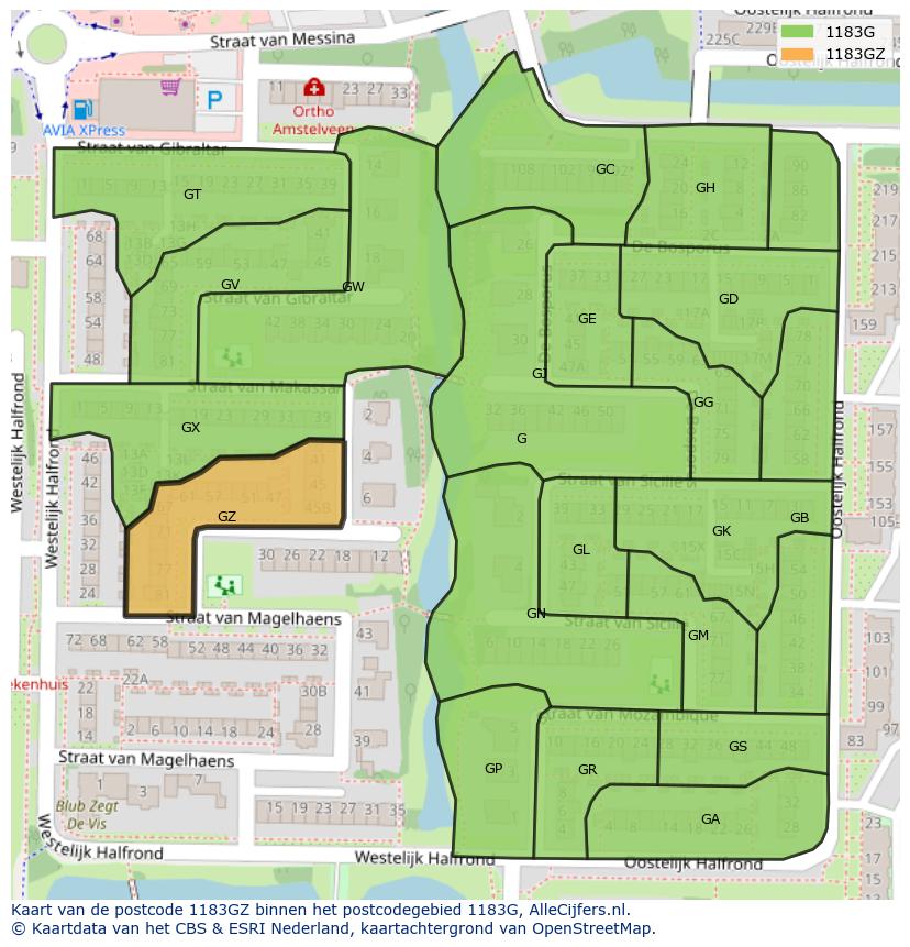 Afbeelding van het postcodegebied 1183 GZ op de kaart.