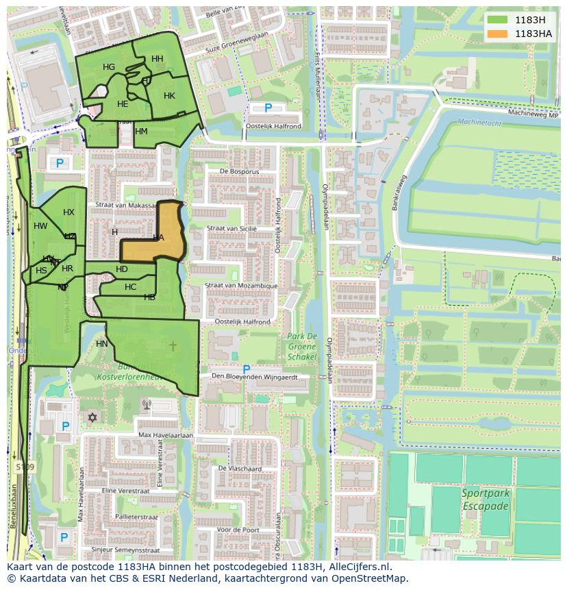Afbeelding van het postcodegebied 1183 HA op de kaart.